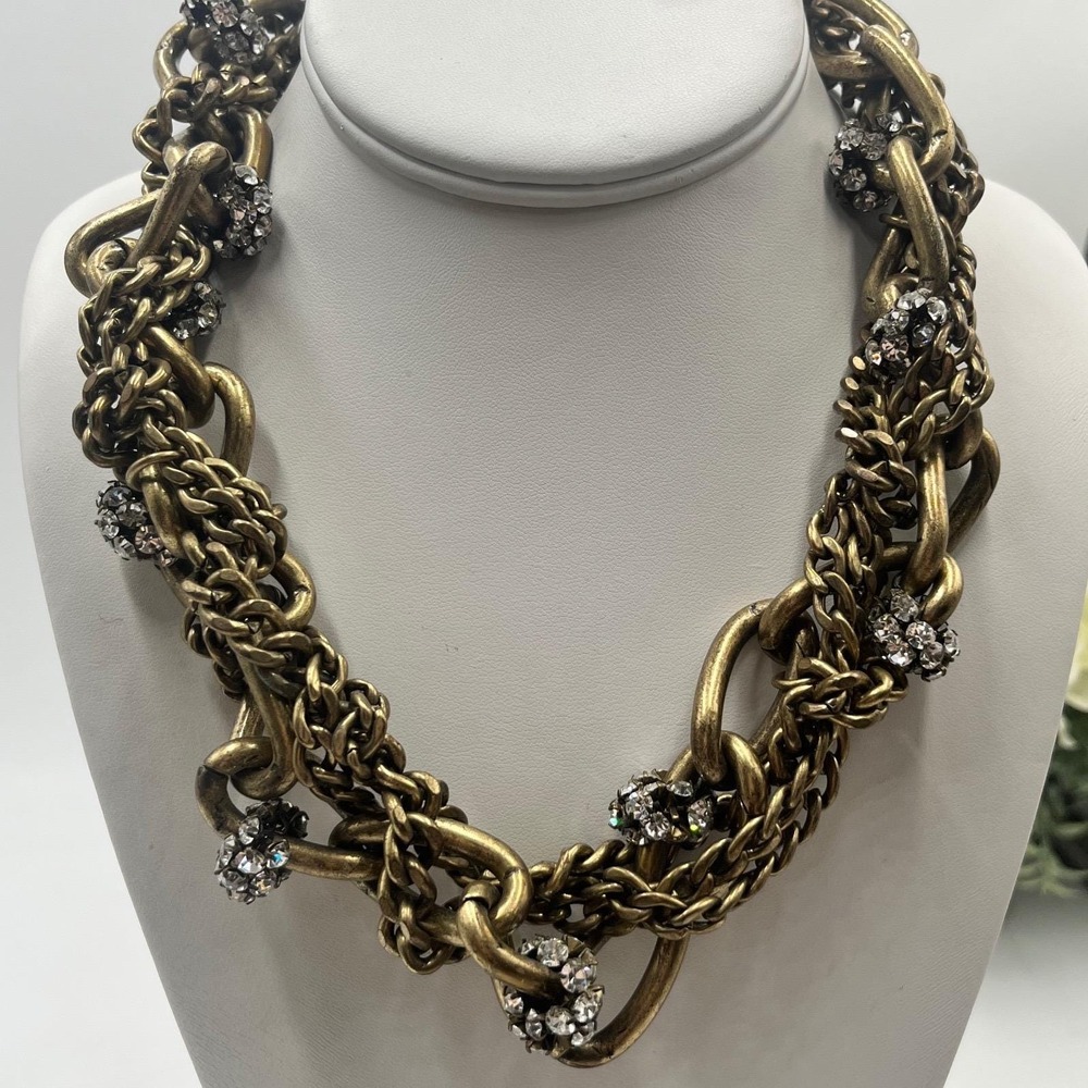 J. Crew Vintage Heavy Bronze 4‎ Chain Rhinestone Twisted Statement Necklace